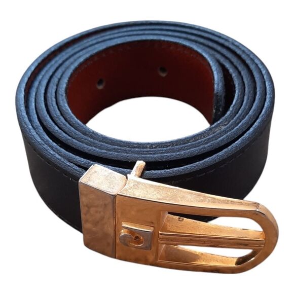 1980s Designer Leather Belt with Logo Buckle - Picture 1 of 5